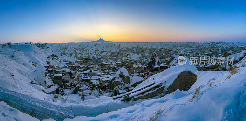 Göreme village at sunset in winter, high angle view